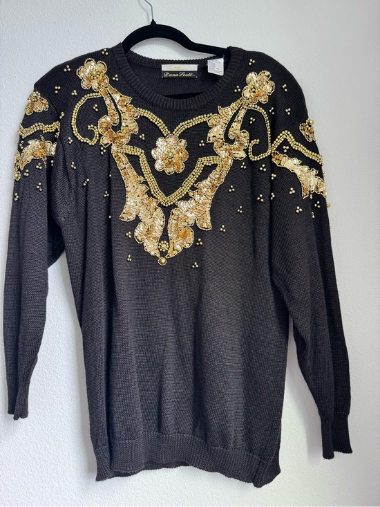 Dana Scott Sweaters - Diane Freis Black Sweater with Gold Sequin Floral Embellishment
